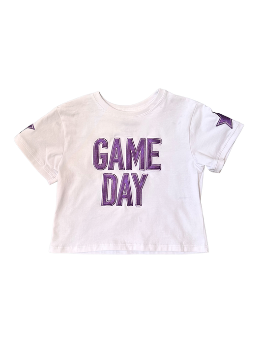 Shimmer Applique Game Day Boxy Tee- Purple