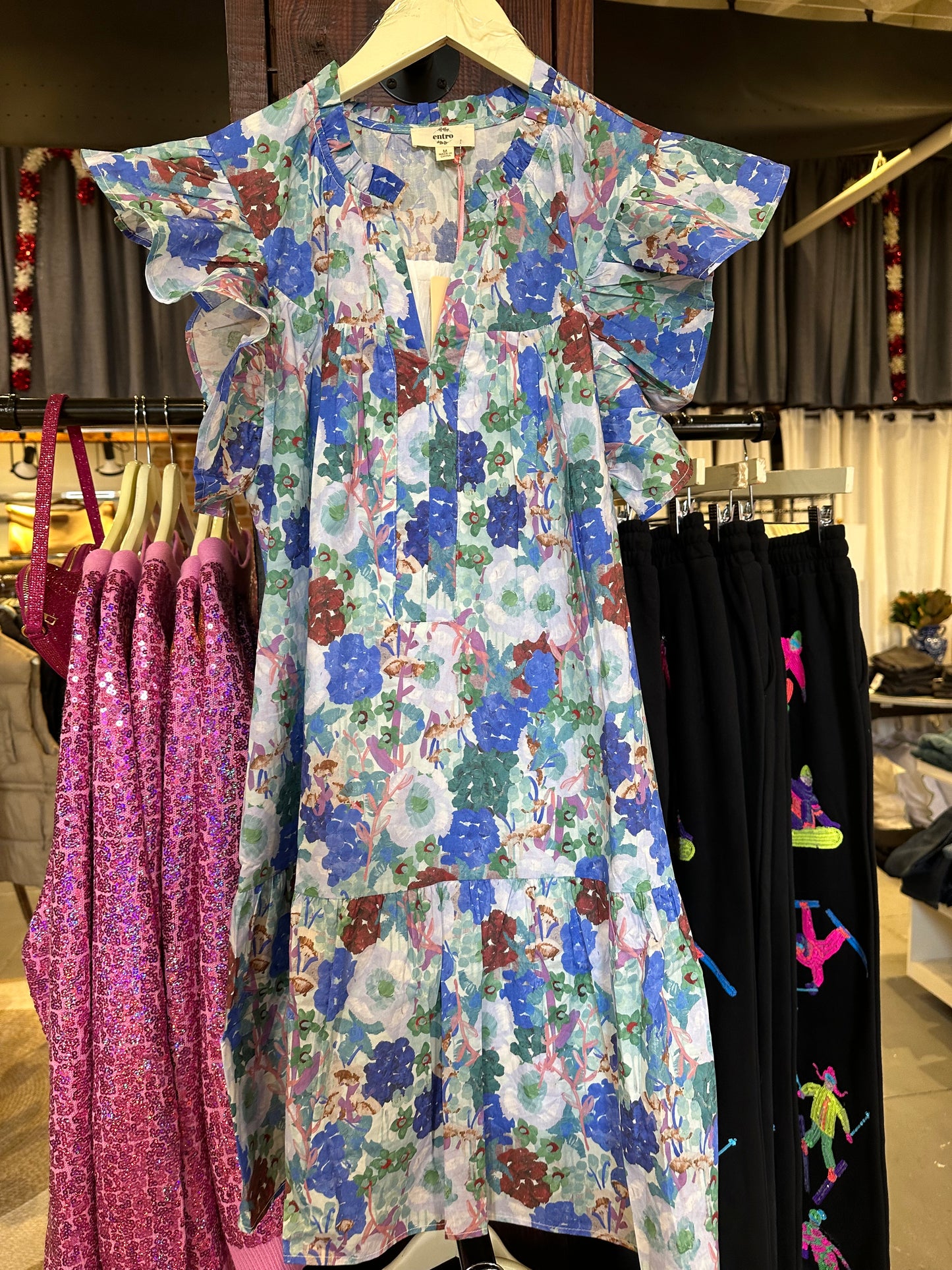 V-Neck Floral Ruffle Sleeve Dress - Blue