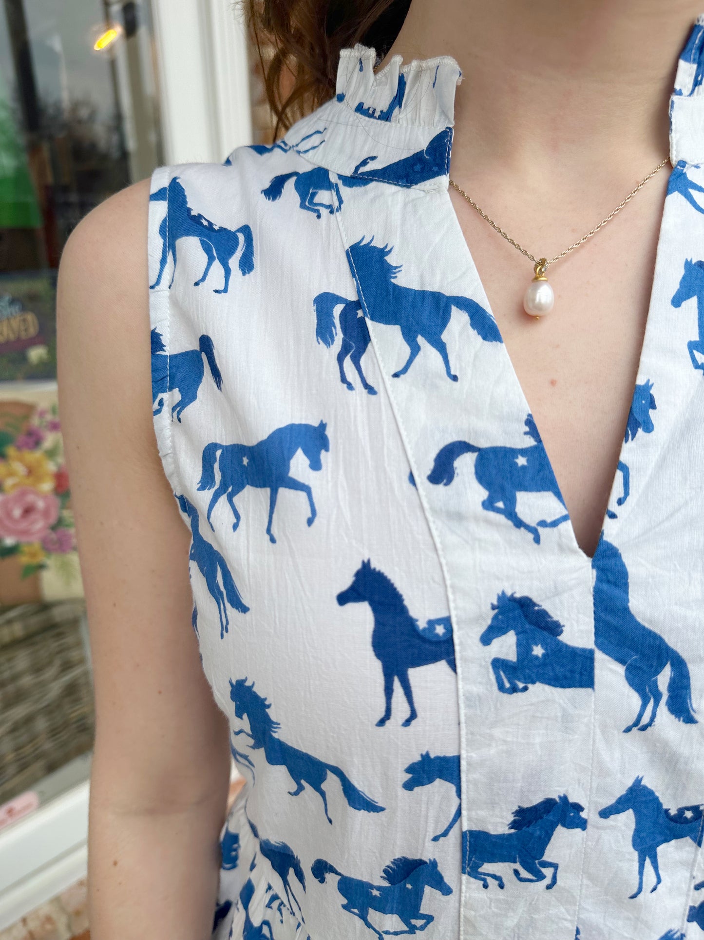 Sleeveless Horse Print Dress - Blue