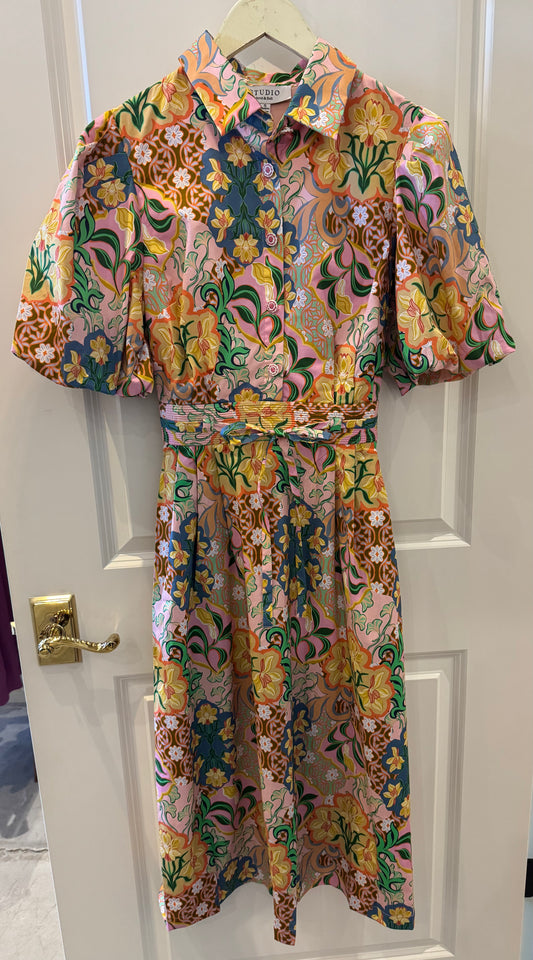 Multicolored Puff Sleeve Midi Dress