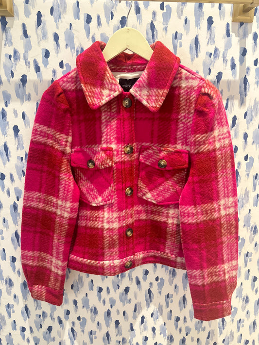 Plaid Puff Shoulder Shacket - Pink Multi