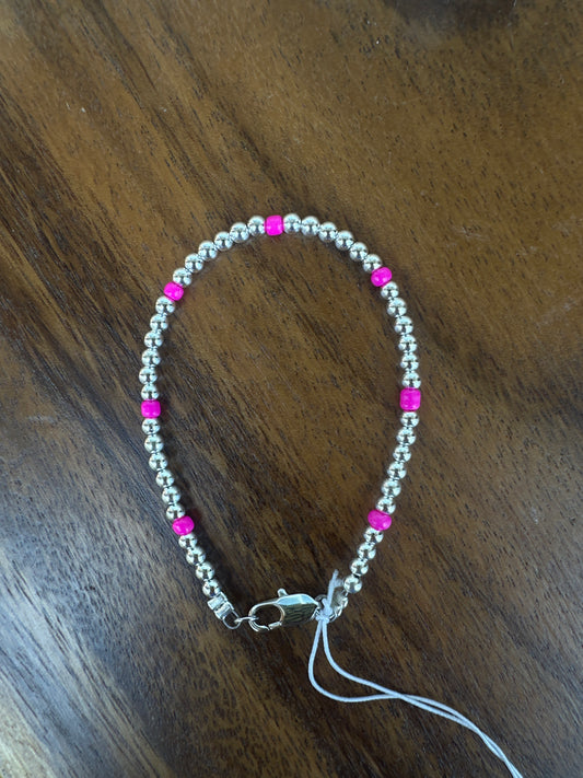 Silver Plated Beaded Hot pink Bracelet 3mm
