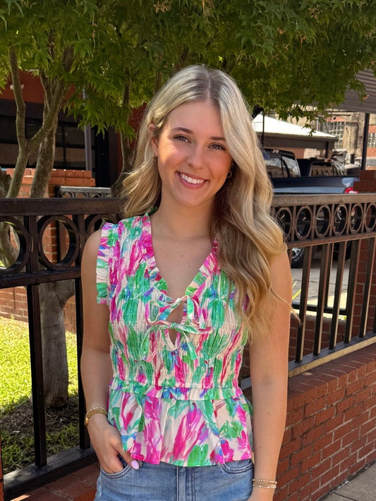 Floral Print Frill Finish Sleeveless Smocked Ruffle- Pink