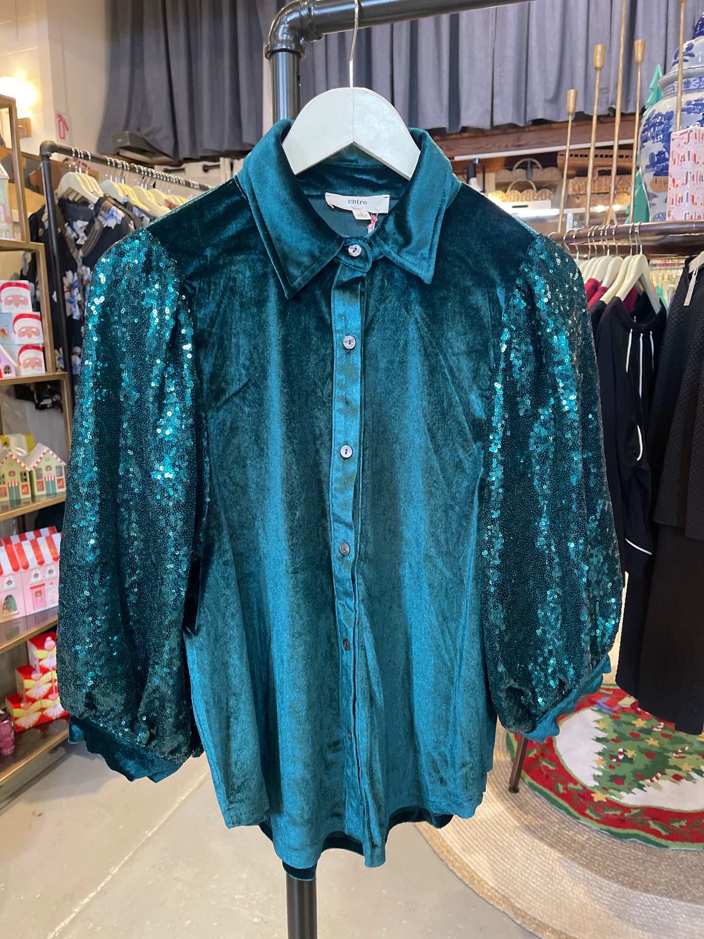 Solid Velvet Sequin Button Down Shirt - Hunter Green