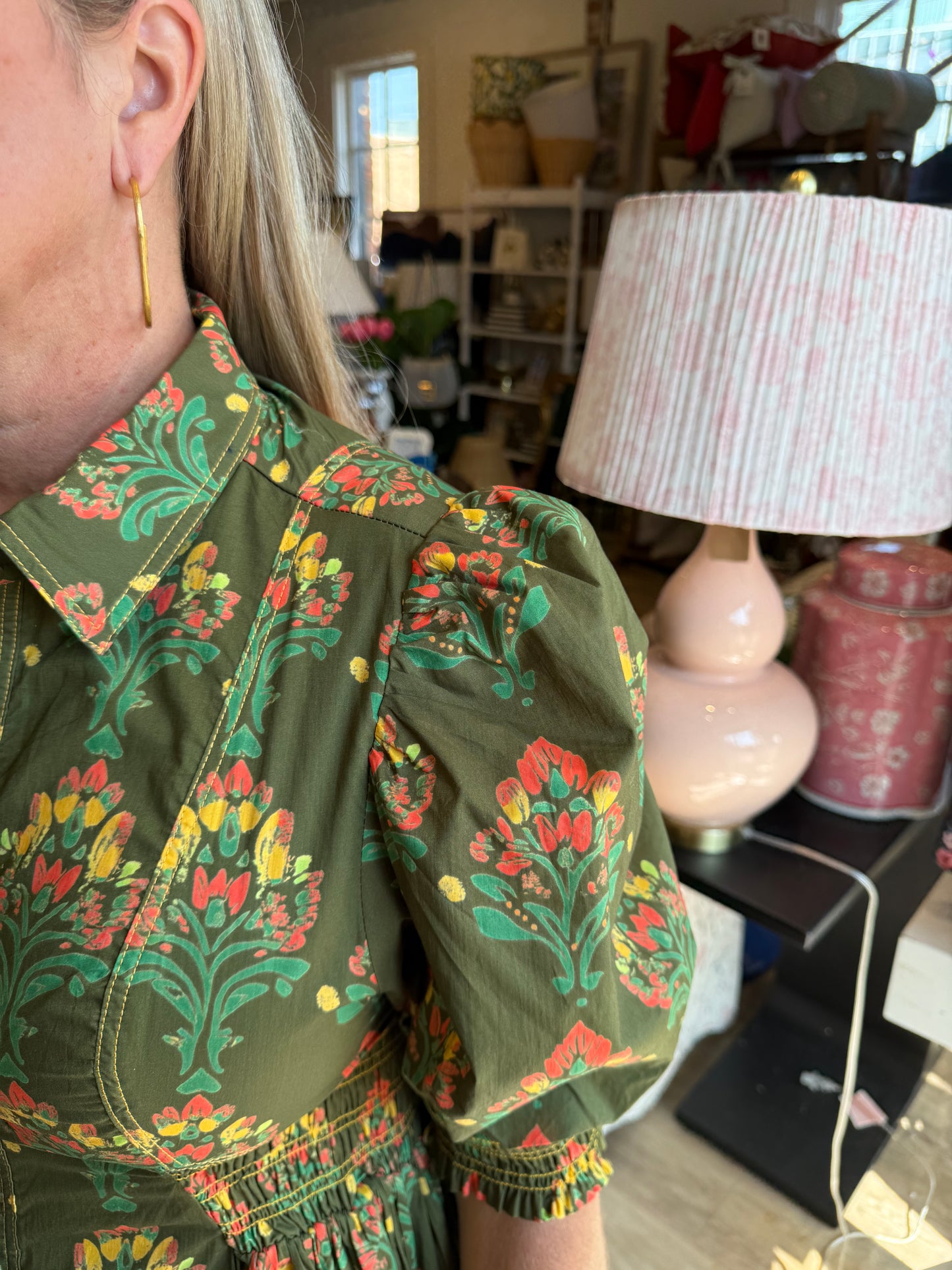 Floral Print Puff Sleeve Midi Dress-Olive