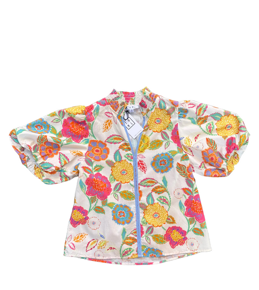 Bouquet of Spring Flowers Top with Blue Piping and Puff Sleeves