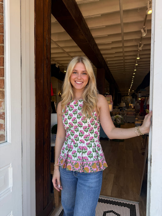 Floral Print Smocked Back Halter Neckline Top