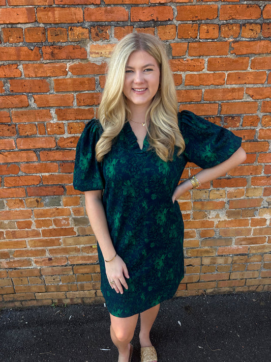 Ruffle V Neck Bubble Sleeve Dress-Green