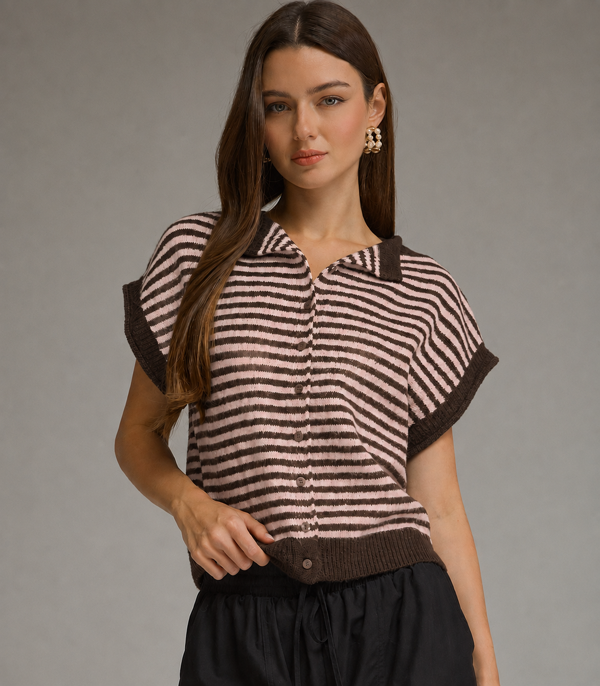 Brown & Pale Pink Striped Cap Sleeve Knit Sweater