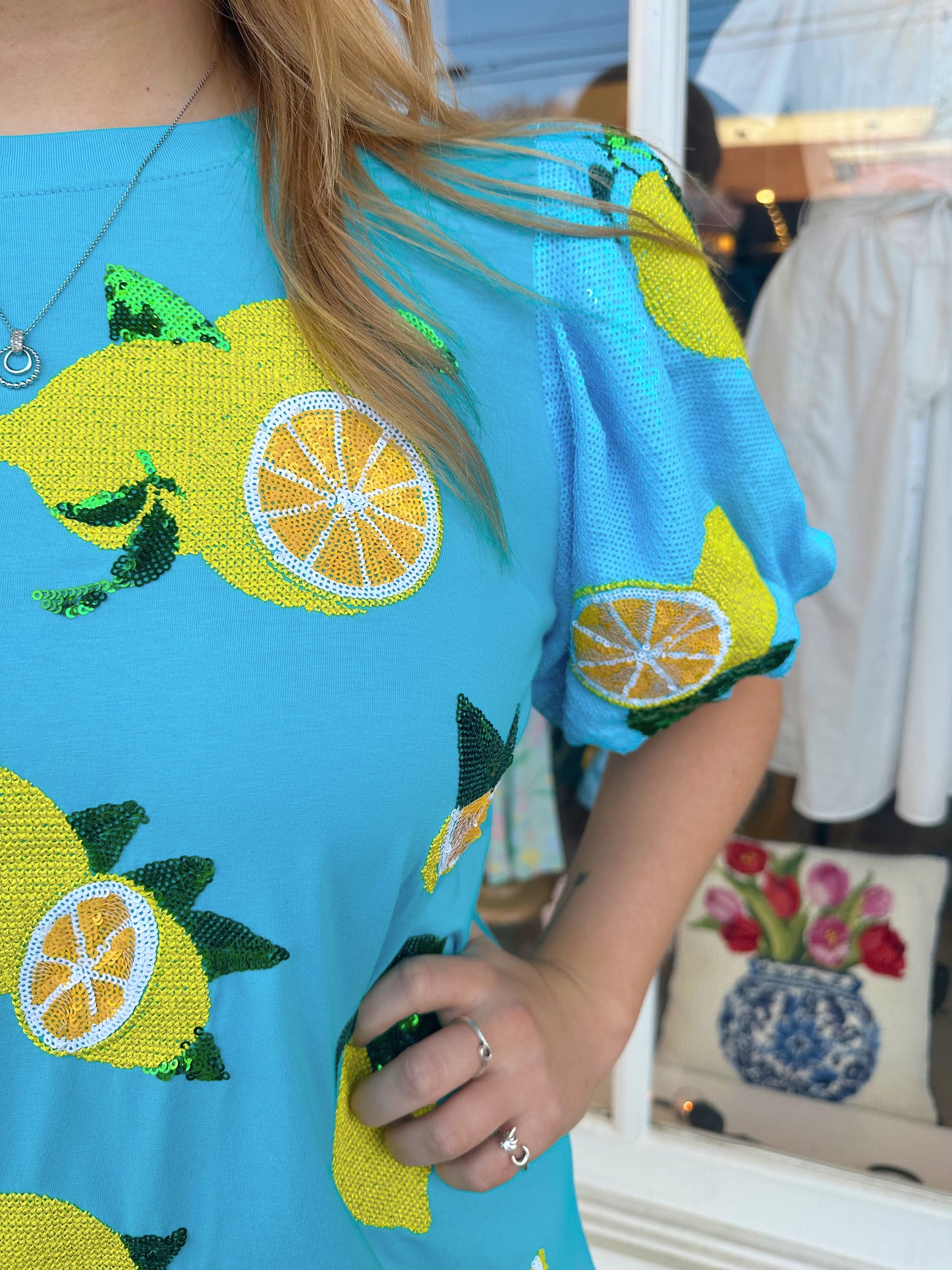 QUEEN OF SPARKLES Aqua Sequin Poof Sleeve Lemon Dress