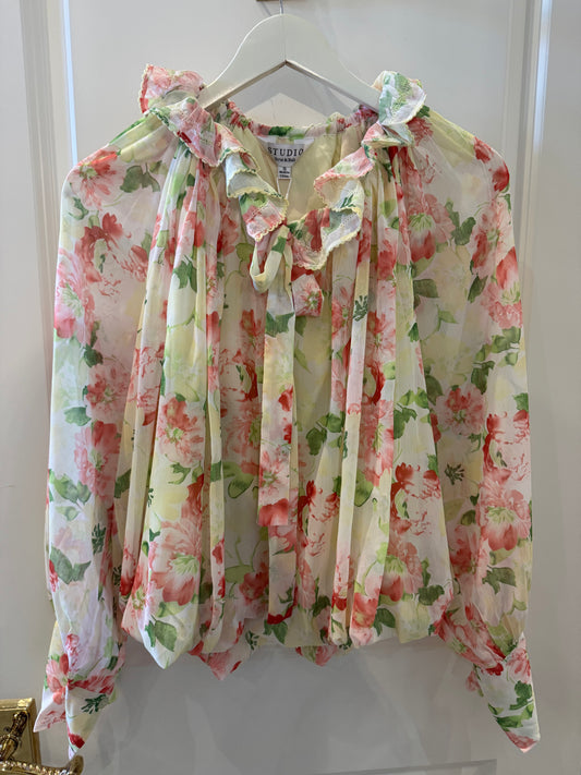 Yellow Floral Print Stitch Detail Top