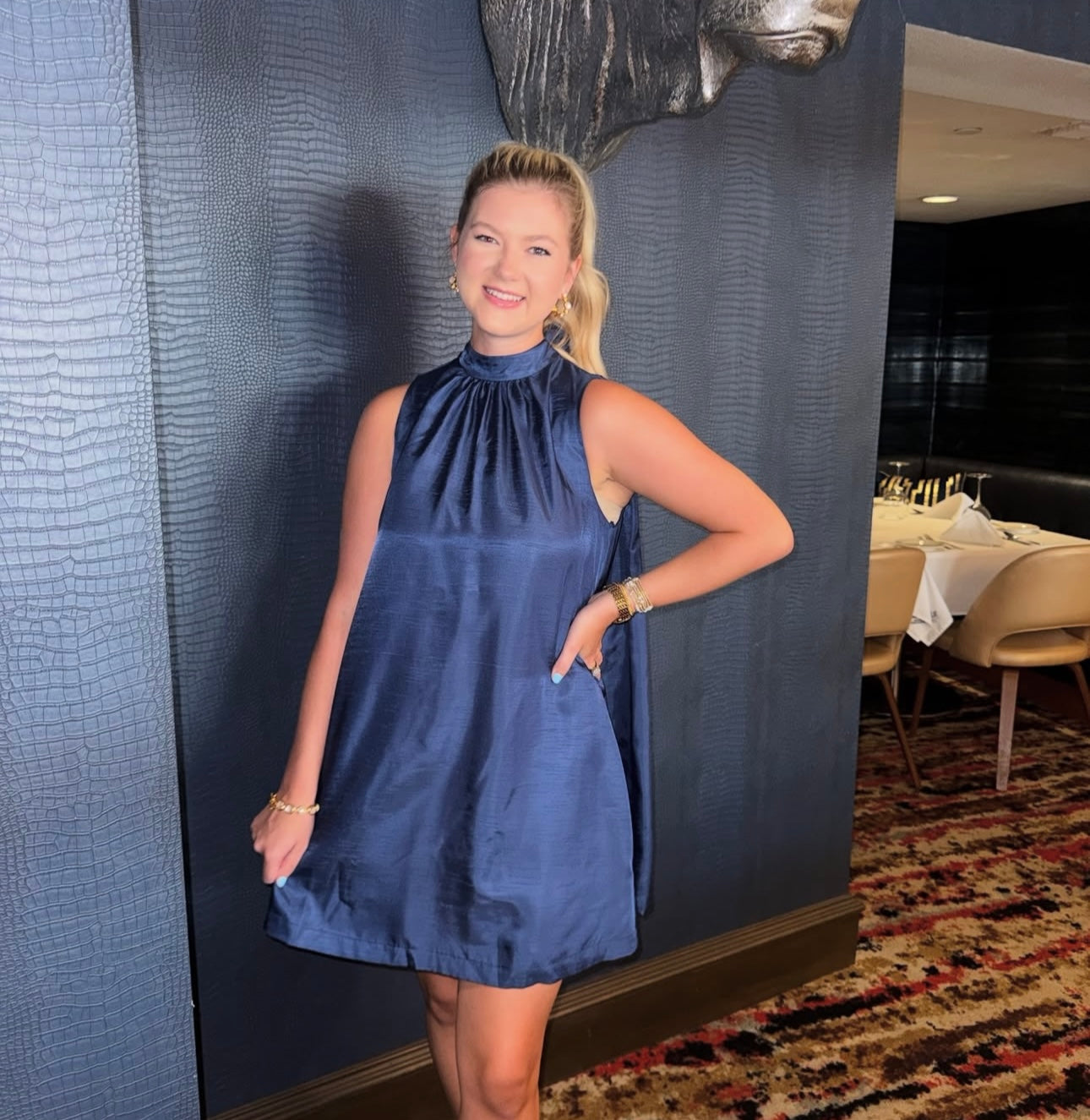 Tie Back Halter Neck Satin A-Line Dress