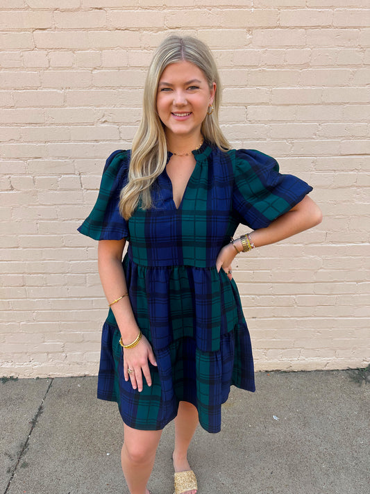 Hudson Plaid Jacey Babydoll Eyelet Mini Dress- Navy and Green