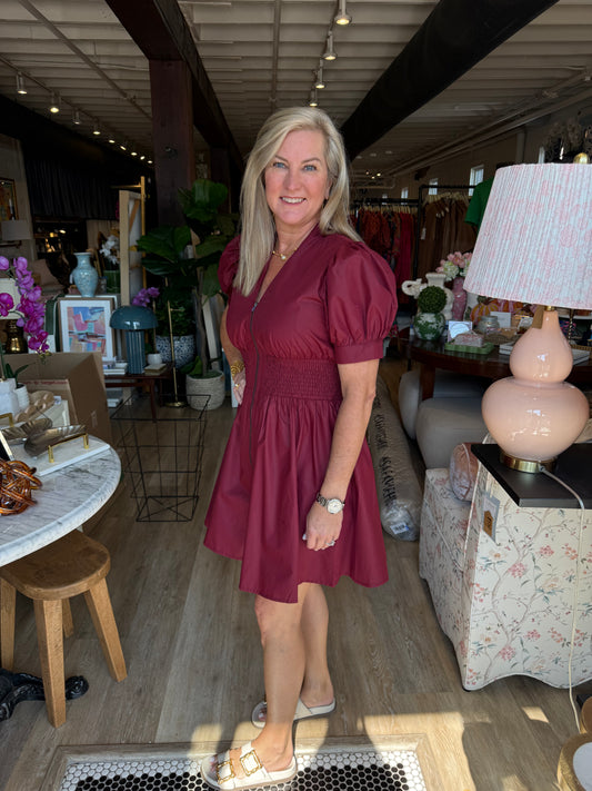 Zip Up Cinch Dress-Burgundy