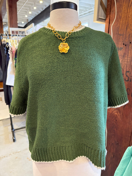 Jwel Neck Sweater With stripe Border - Olive