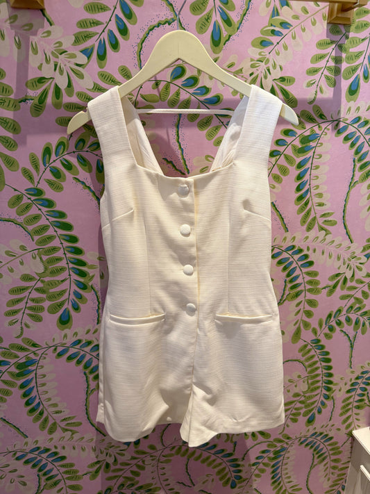 Square Neck Romper With Bow On Back-Off White