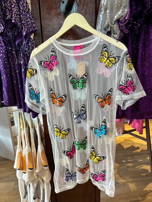 QUEEN OF SPARKLES White Multi Butterfly Sheer Coverup