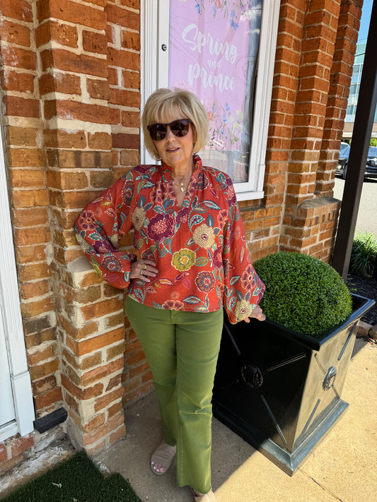 Pleated Collar Floral Long Sleeve Top-Orange