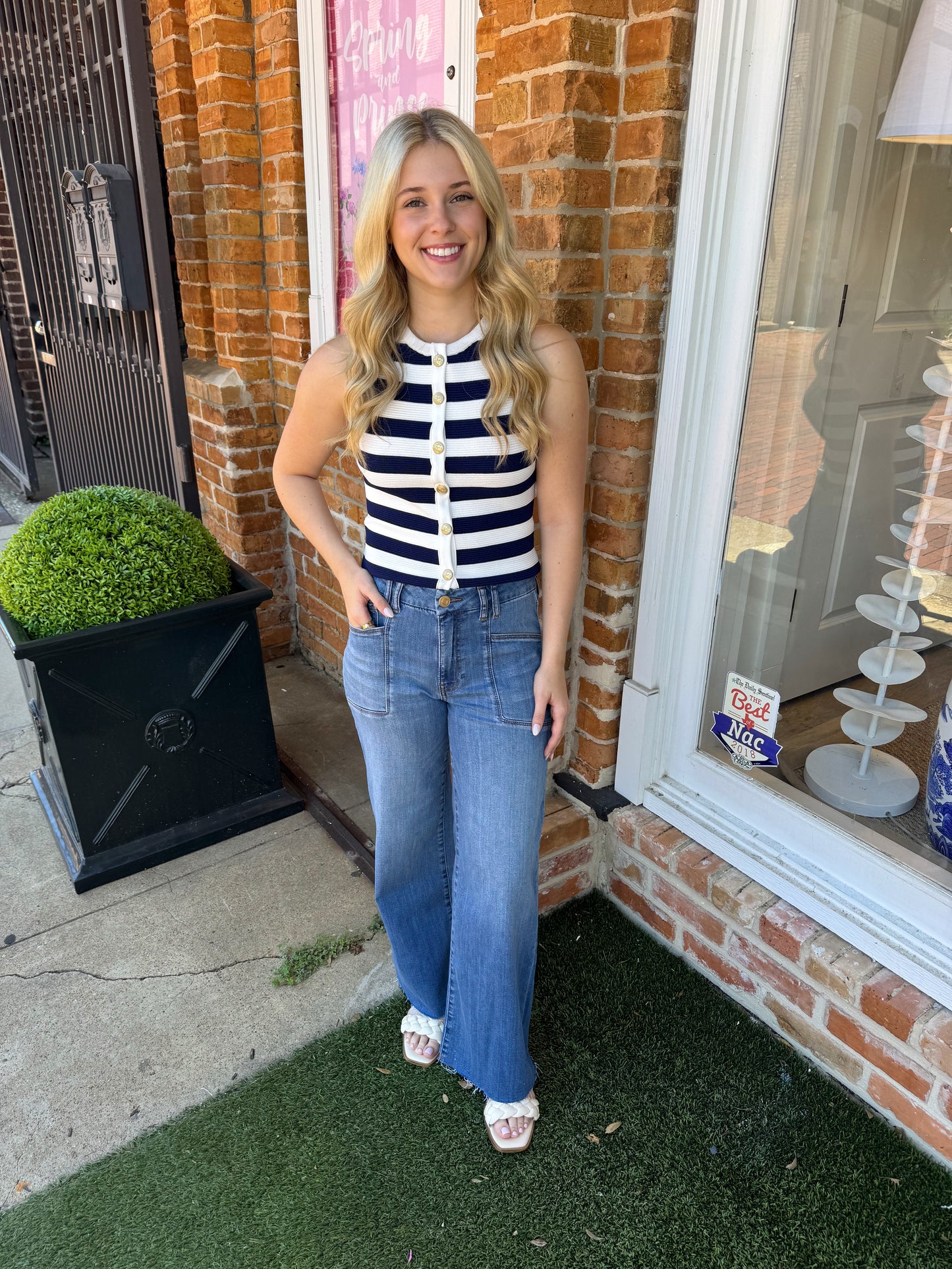 Navy Striped Sleeveless Tank with Gold Buttons
