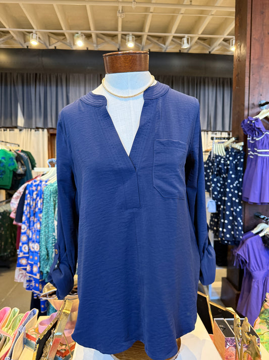 Split Neck 3/4 Tab Sleeve Solid Top - Navy