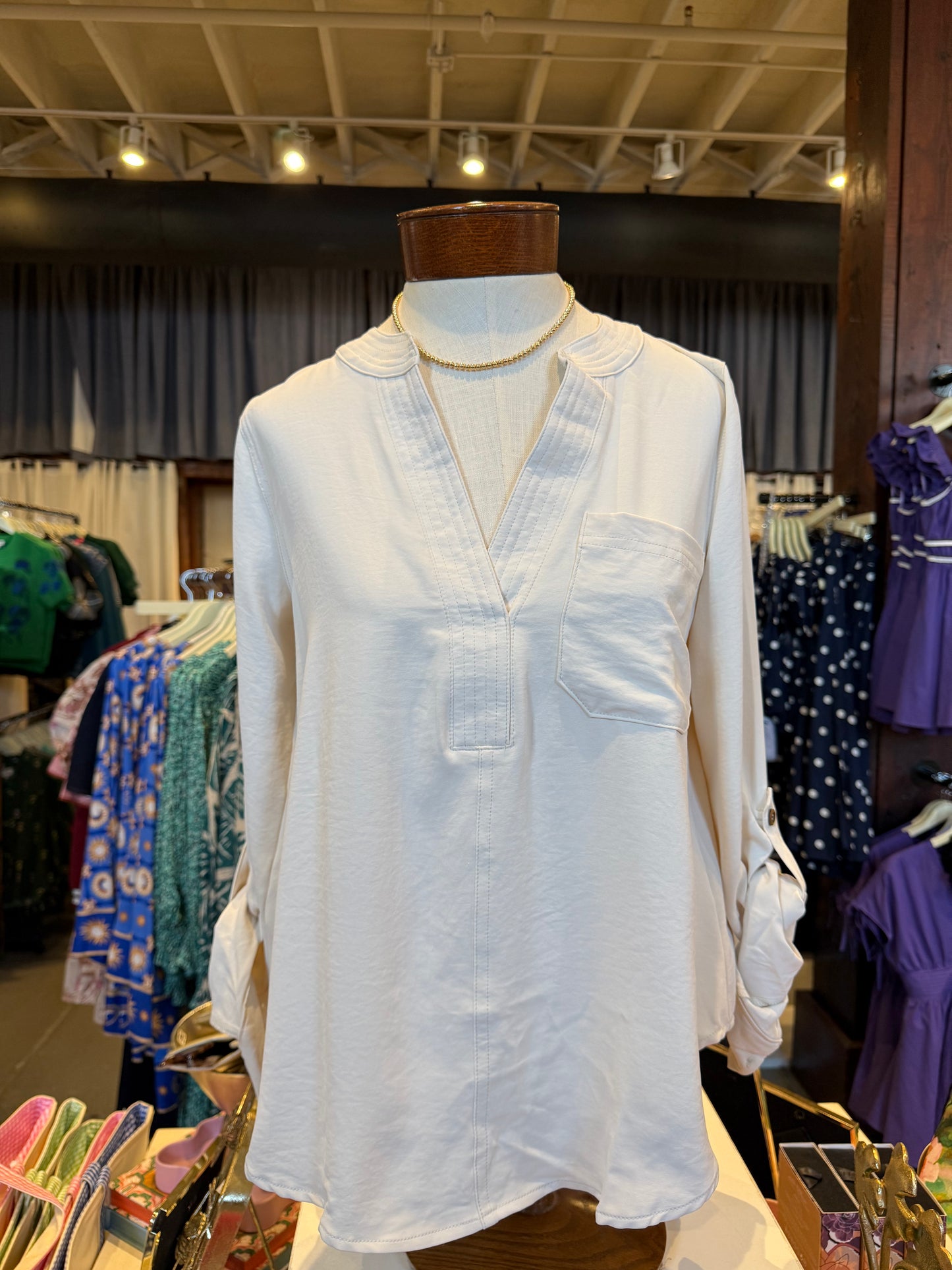 Split Neck 3/4 Tab Sleeve Solid Top - Cream