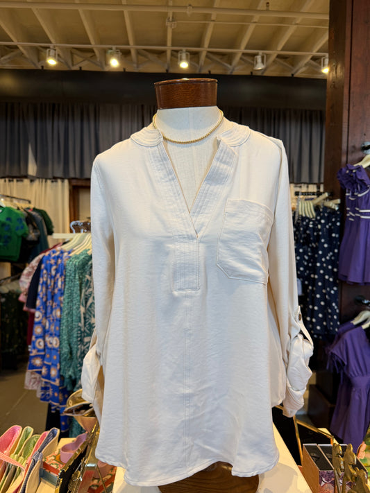 Split Neck 3/4 Tab Sleeve Solid Top - Cream