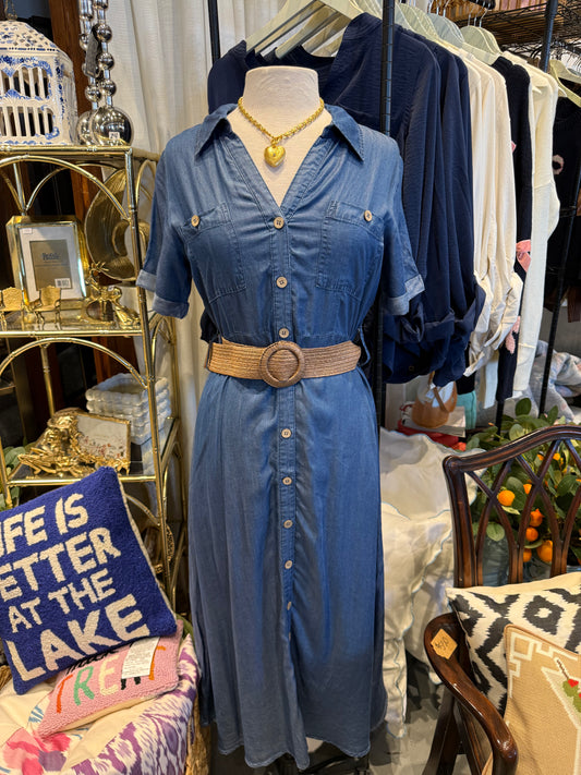 Chambray Collared Short Sleeve Belted Short Dress