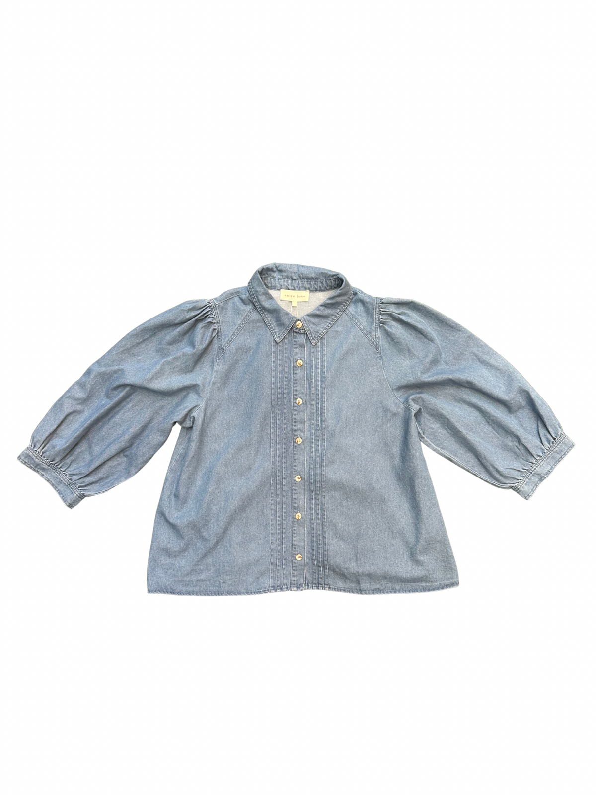 Pleated Denim 3/4 Sleeve Top