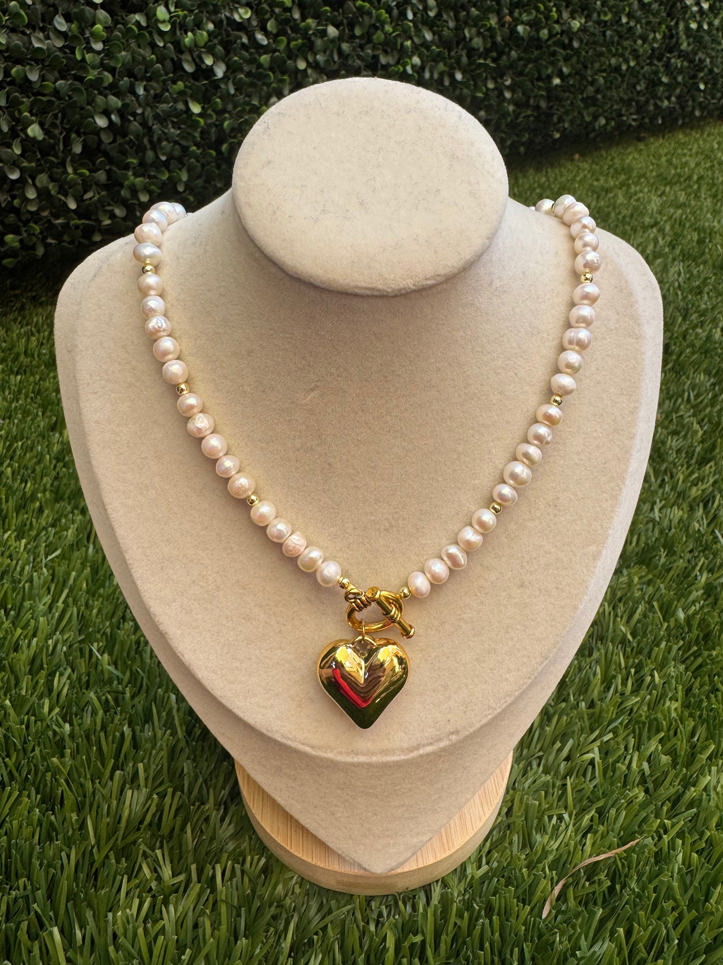 Pearl and Gold Toggle Clasp and Heart Charm Necklace