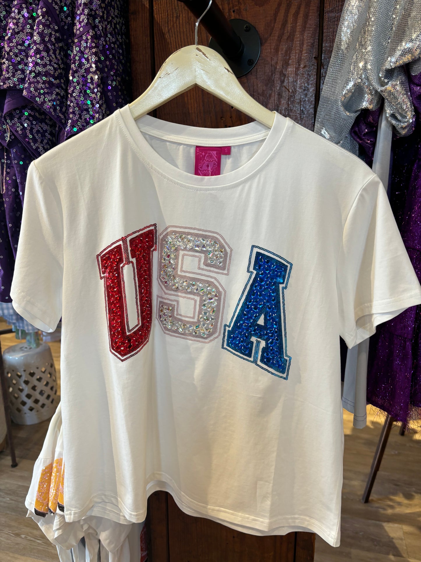 QUEEN OF SPARKLES White Beaded "USA" Tee