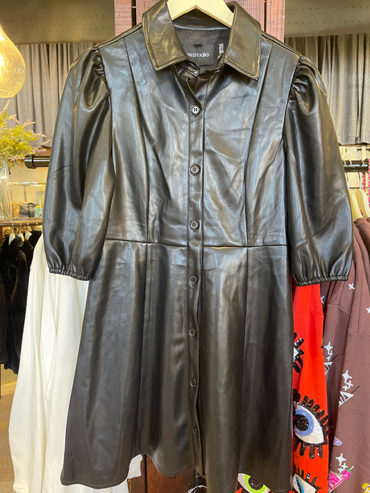 Vegan Leather Empire Waist Dress - Black