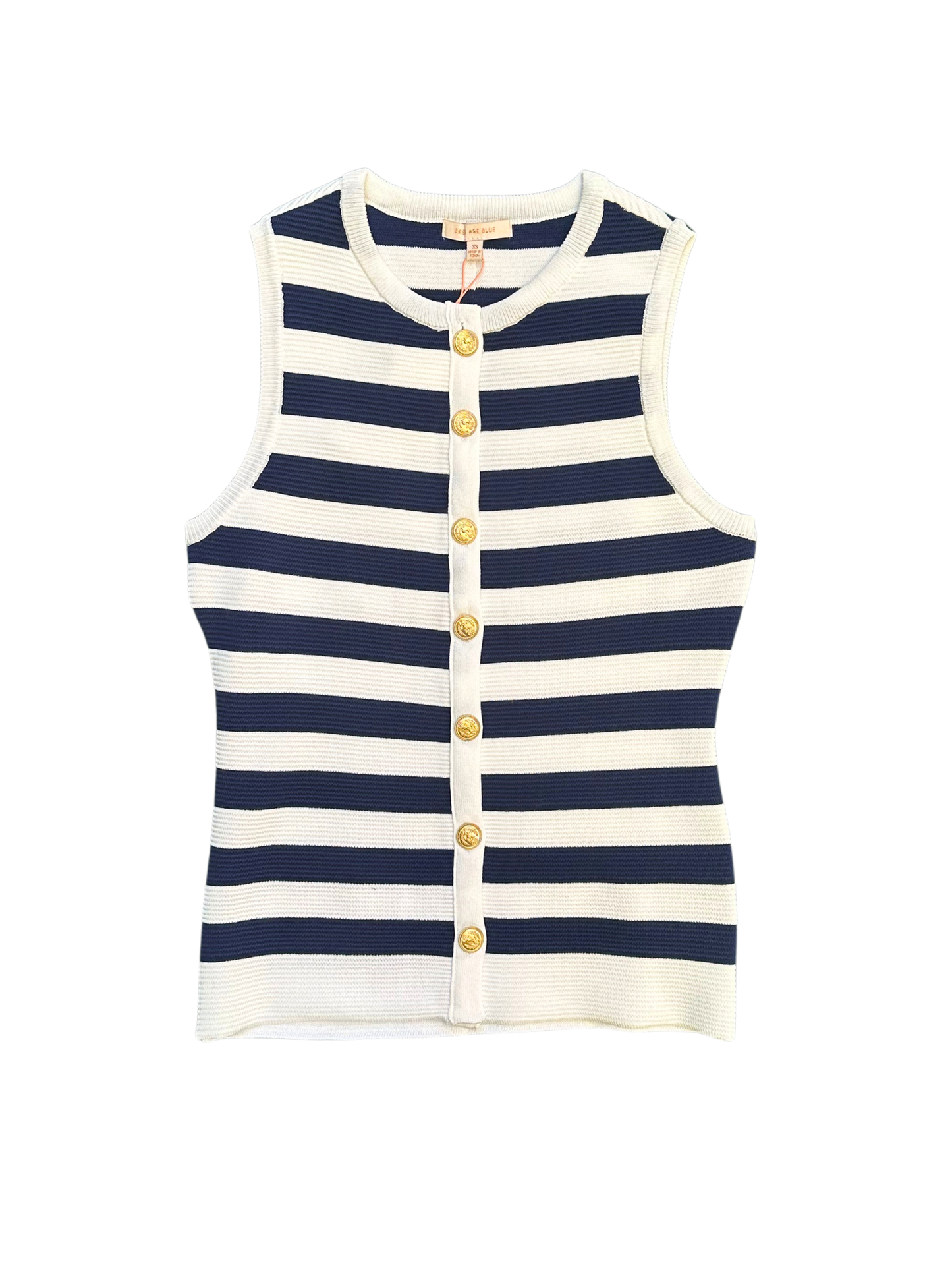 Navy Striped Sleeveless Tank with Gold Buttons