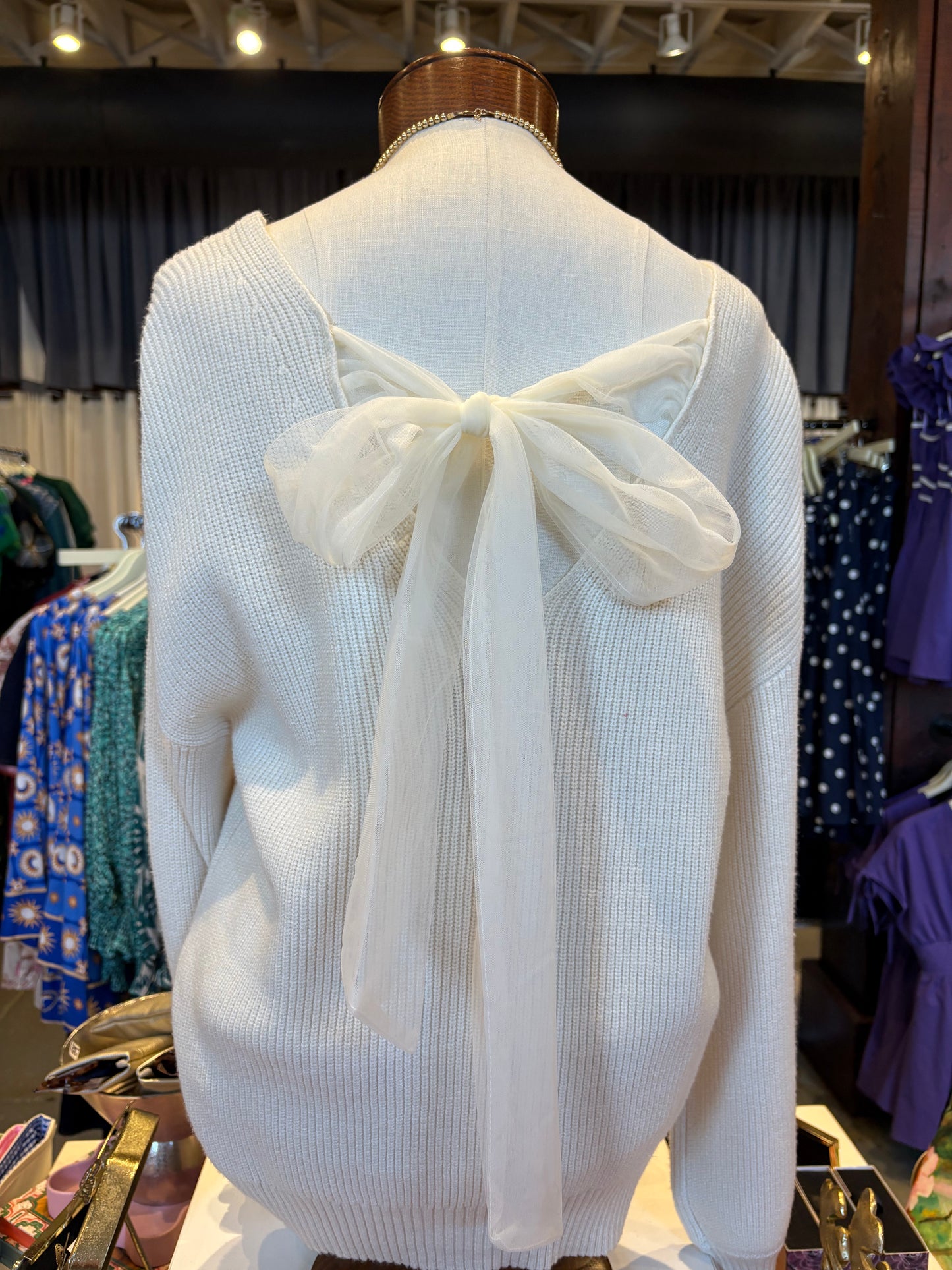 V-Neck Drop Shoulder Back Bow Sweater