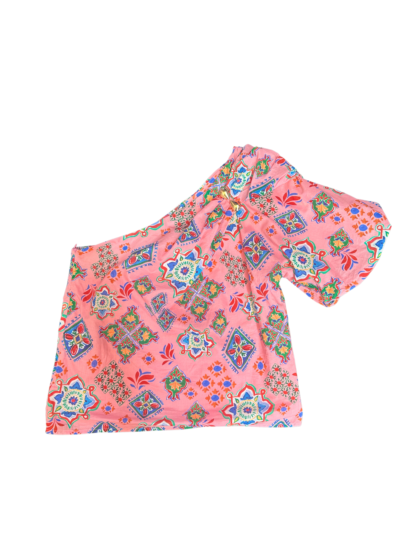 Printed Pleated One-shoulder Puff Sleeve Top