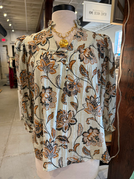 Vintage Floral Blouse w/ Covered Buttons and Ruffled Collar - Sage Mix