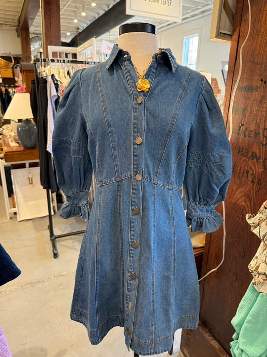 Puffed Sleeve Button Down Denim Dress