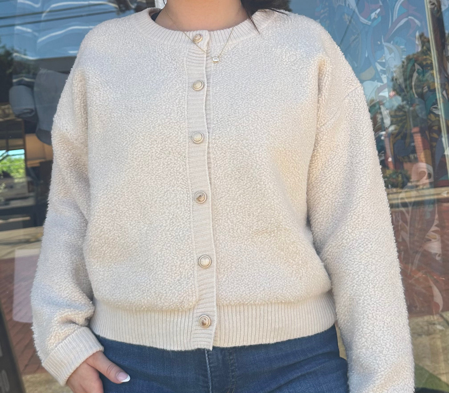 Textured Pearl Button Up Cardigan- Ecru