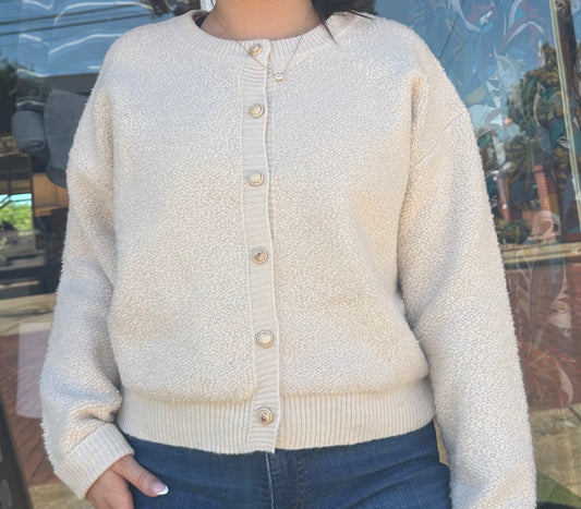 Textured Pearl Button Up Cardigan- Ecru