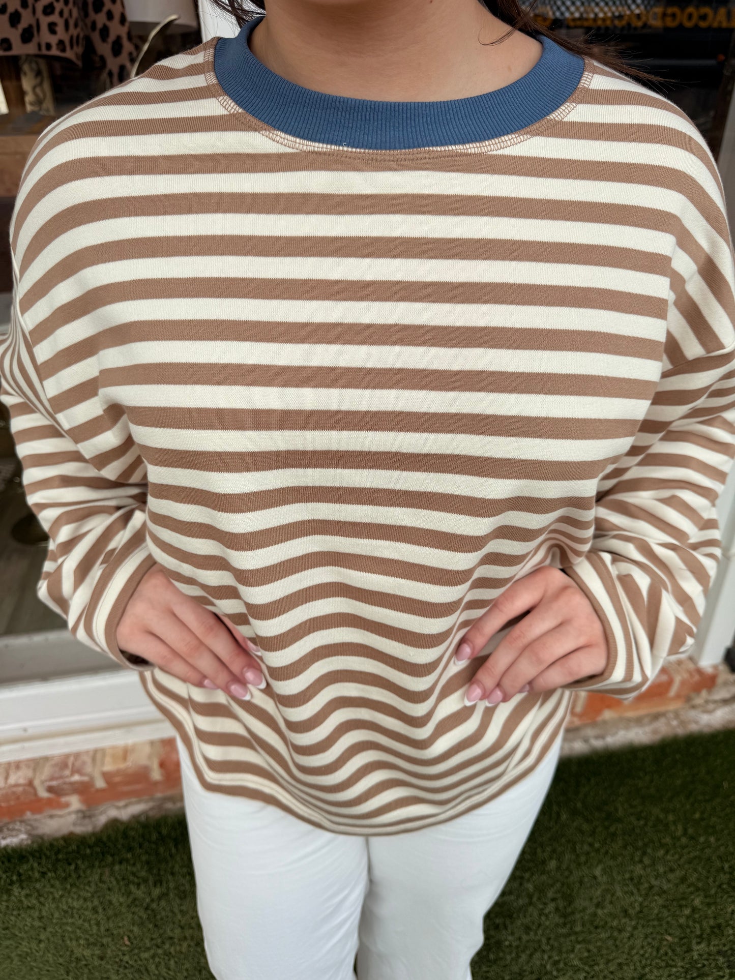 Color Block Neck Long Sleeve Boxy Top- Tan