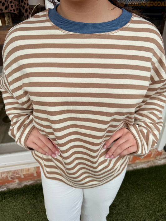 Color Block Neck Long Sleeve Boxy Top- Tan