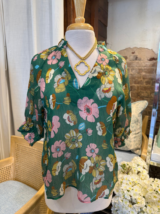 Short Sleeve Floral Top- Green