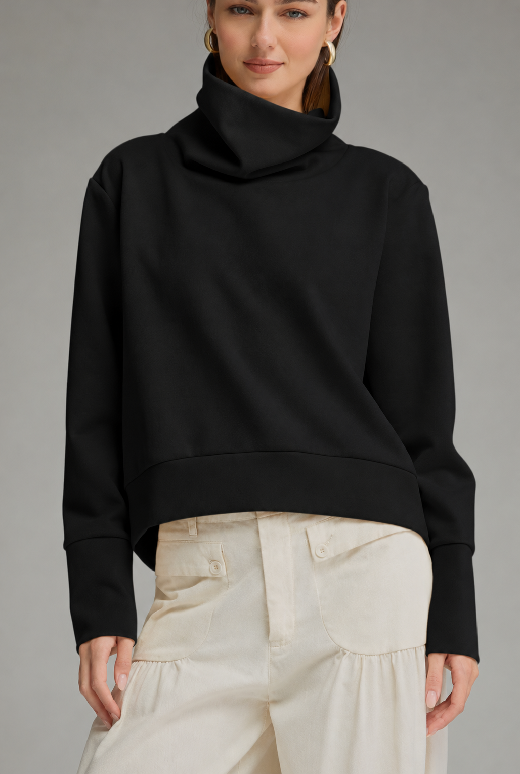 Fold Over Neck Knit Top- Black