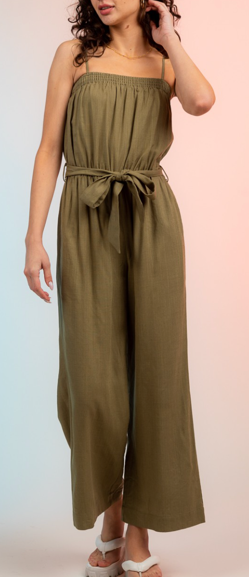 Sleeveless Belted Linen Jumpsuit w/ Pockets - Olive