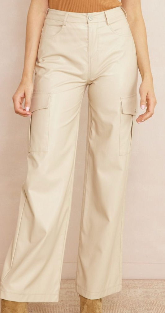 Faux Leather High Waisted Pants - Almond