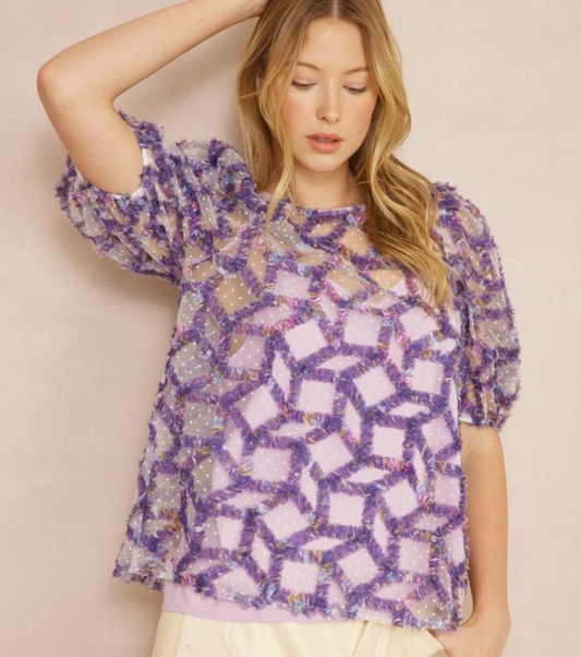 Embroidered Round Neck Top Puff Sleeve
