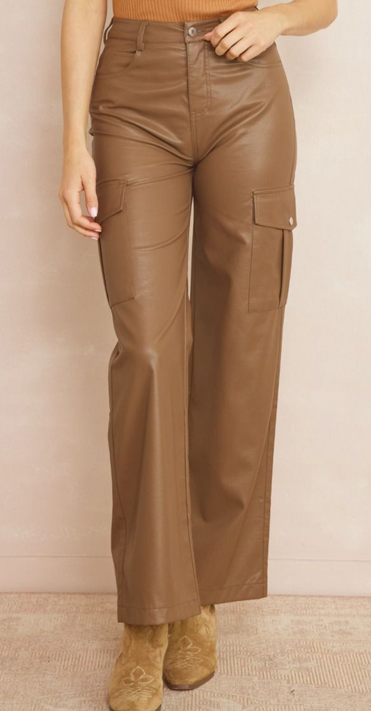 Faux Leather High Waisted Pants - Brown