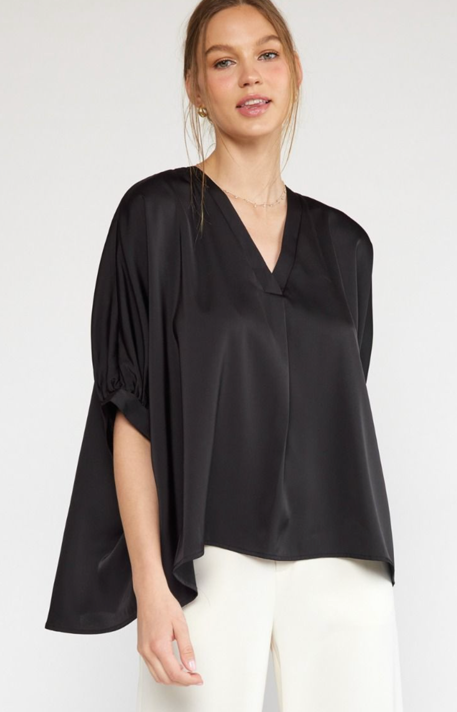 Satin V-Neck 1/2 Sleeve Top- Black