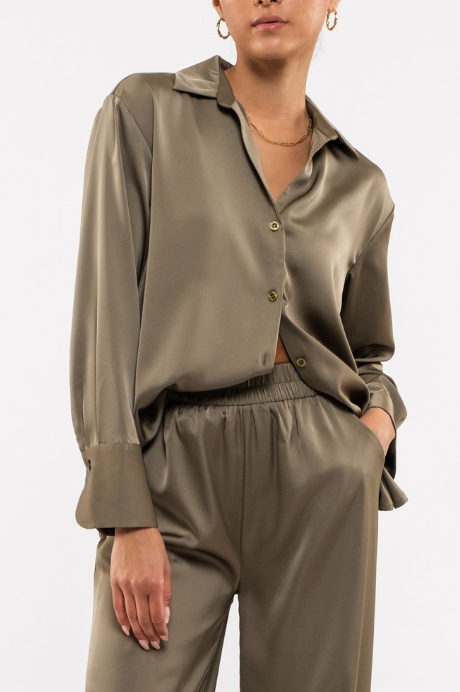 Solid Satin Button Up Woven Top - Olive
