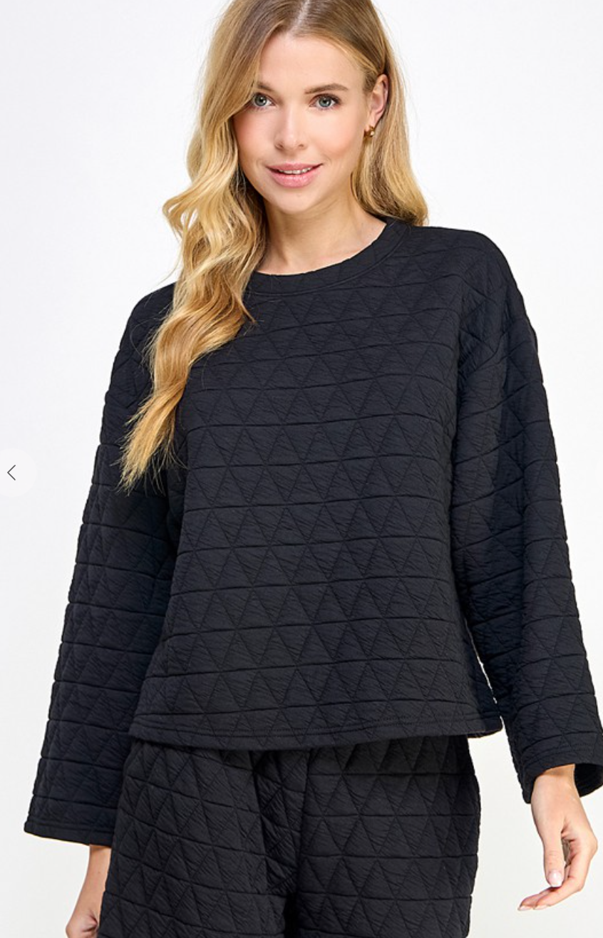 Quilted Long Sleeve Top- Black