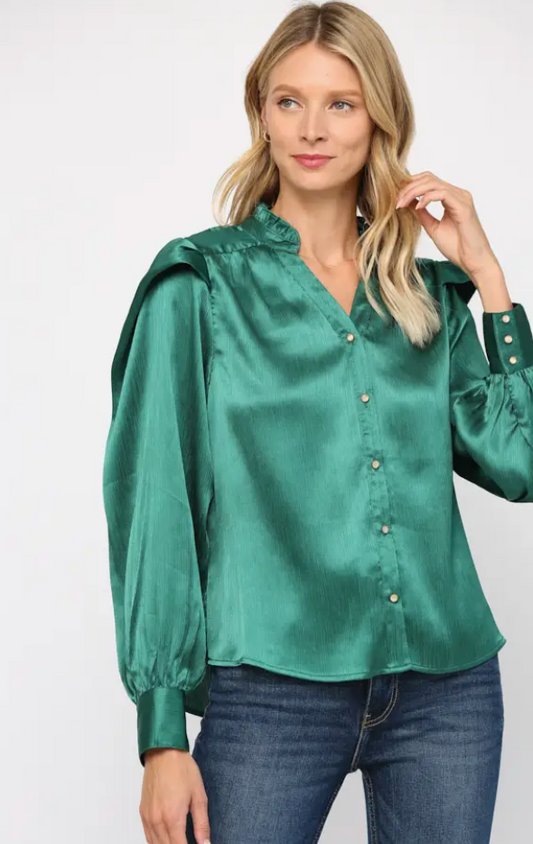 Fold Over Puff Sleeve- Emerald Green